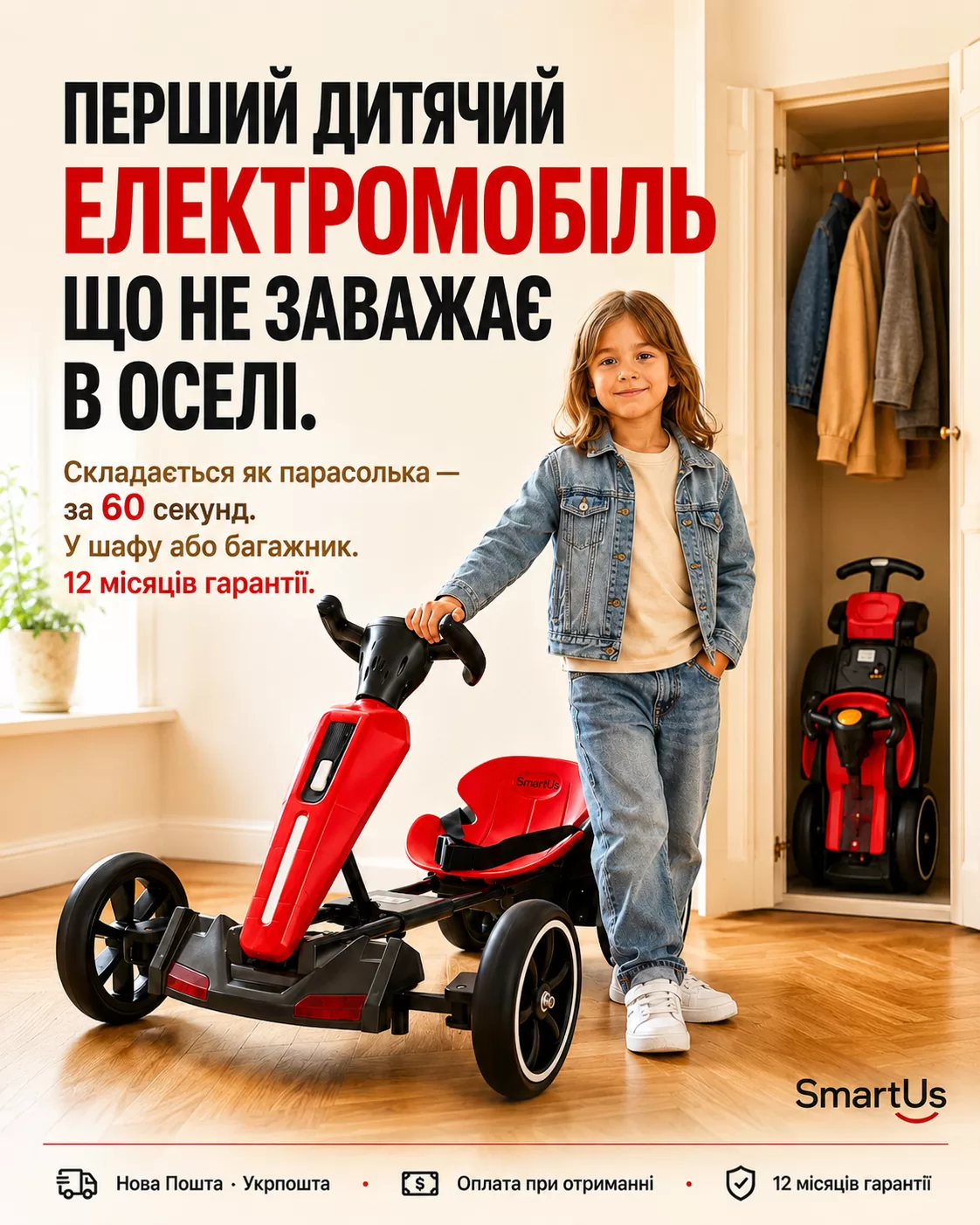 Перший дитячий електромобіль що не заважає в оселі. Складається як парасолька — за 60 секунд.